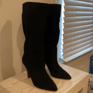 Something Navy black velvet under knee heeled boots